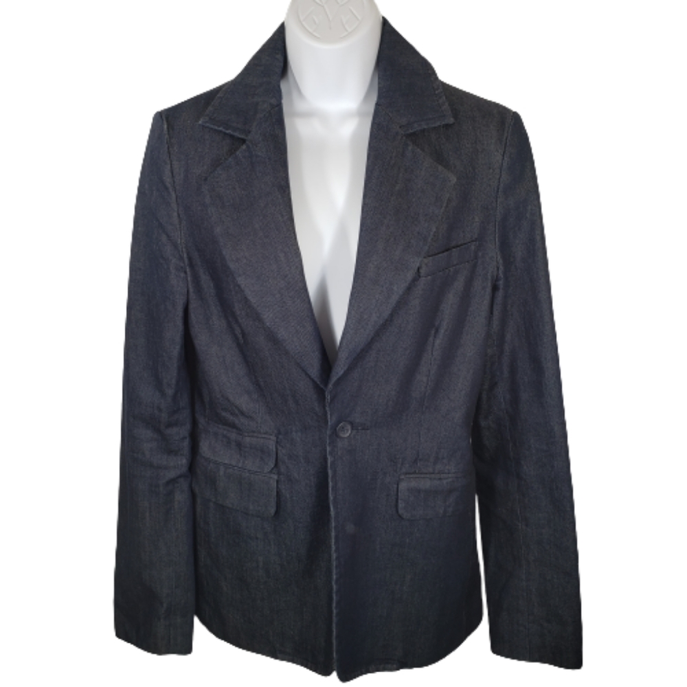 True Religion Tailored Denim Blazer Single Button Dark Wash Knotched Lapel